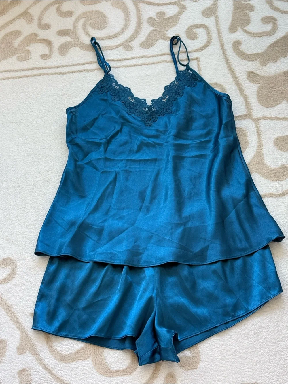 Linea Donatella Teal Lace-Trim Satin Cami & Short Set